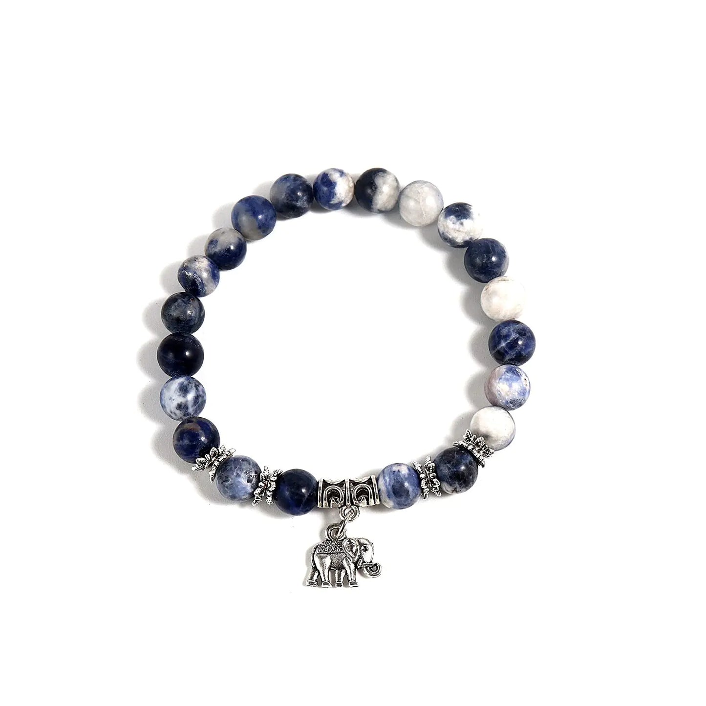 Stretchy Stone Bead Elephant Charm Bracelet - Reiki Crystals.