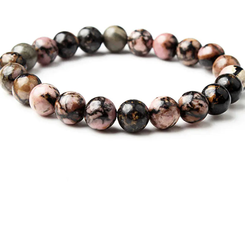 Natural Rose Sunstone Beaded Bracelet with Black Lines