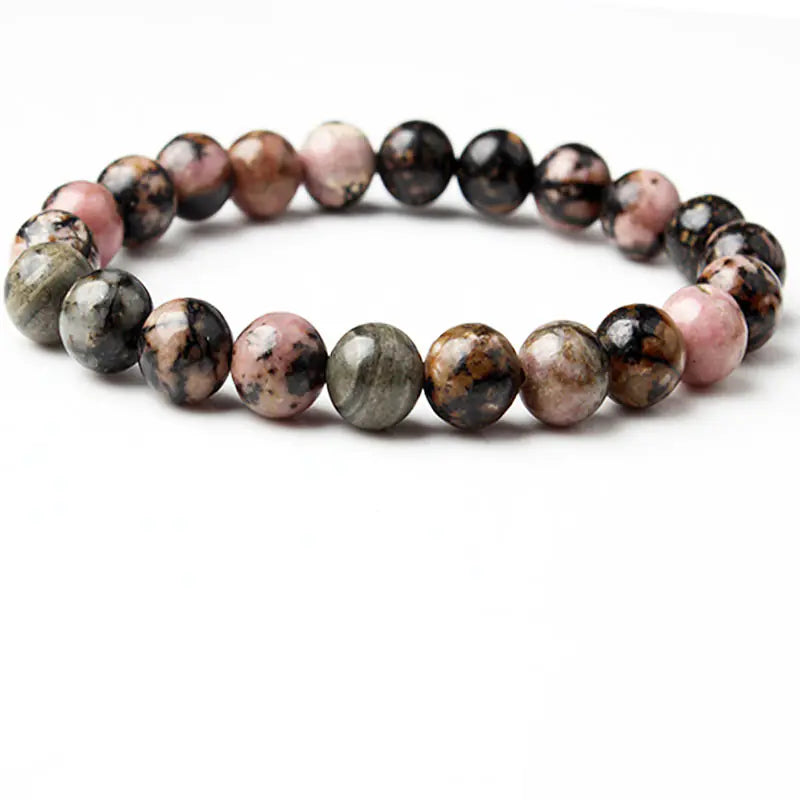 Natural Rose Sunstone Beaded Bracelet with Black Lines