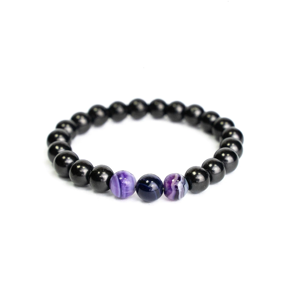 Shungite Elastic Stretchy Bracelet - (with 3 Purple Agate Beads)