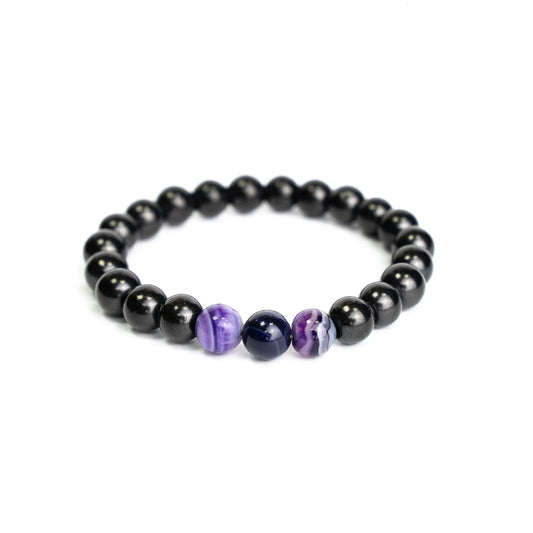 Shungite Elastic Stretchy Bracelet - (with 3 Purple Agate Beads)