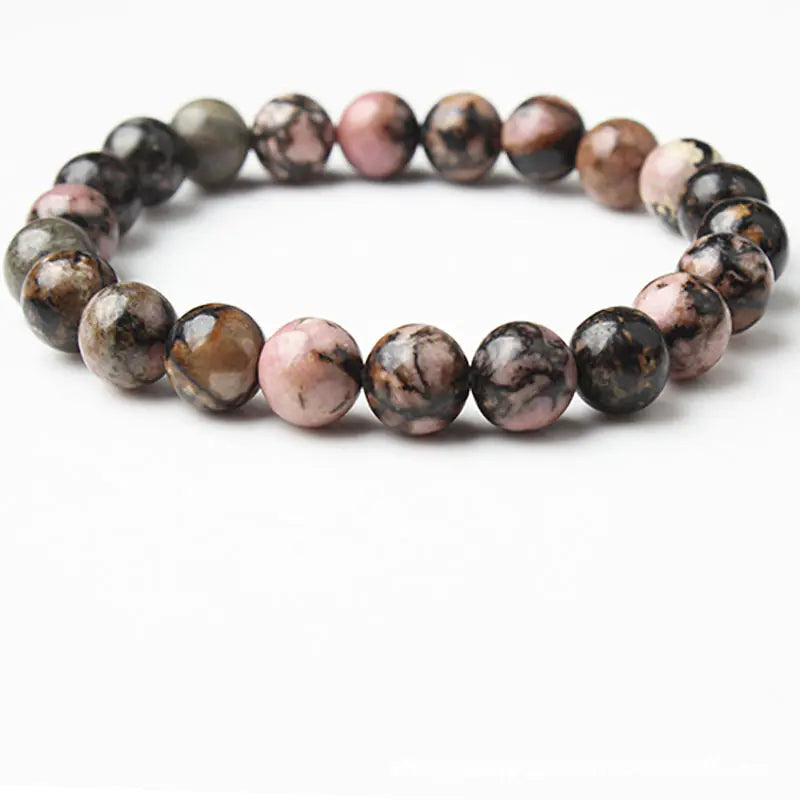 Natural Rose Sunstone Beaded Bracelet with Black Lines