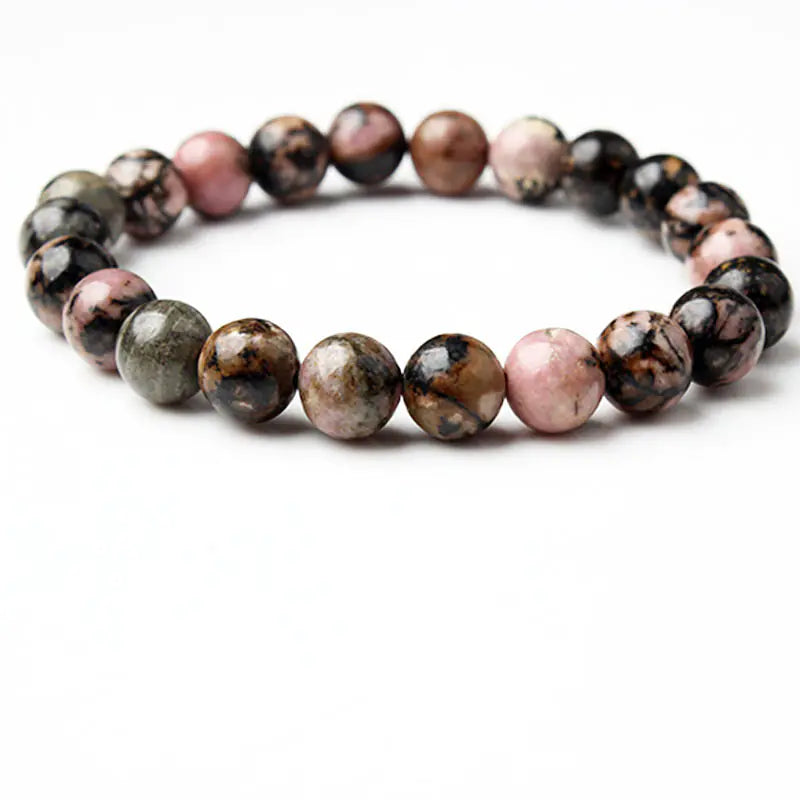Natural Rose Sunstone Beaded Bracelet with Black Lines