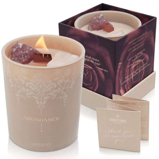 Luxury Crystal Candle for Women - Velvet Rose & Patchouli Scented Aromatherapy Candle - Manifestation Candle with Strawberry and Clear Quartz Crystals -7.4oz Natural Coconut Soy Wax Wood Wick Candles