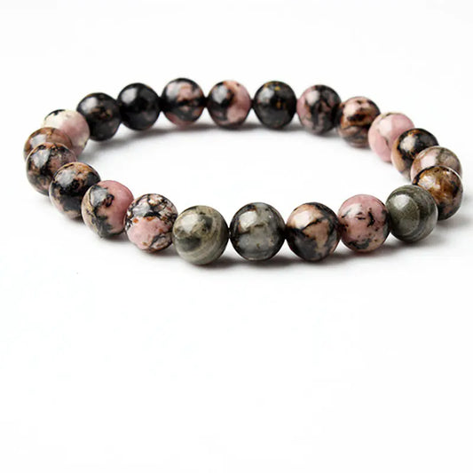 Natural Rose Sunstone Beaded Bracelet with Black Lines